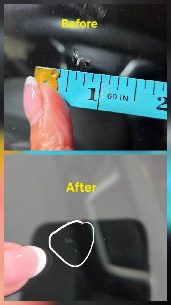 Customer-submitted before and after photo of windshield chip repair