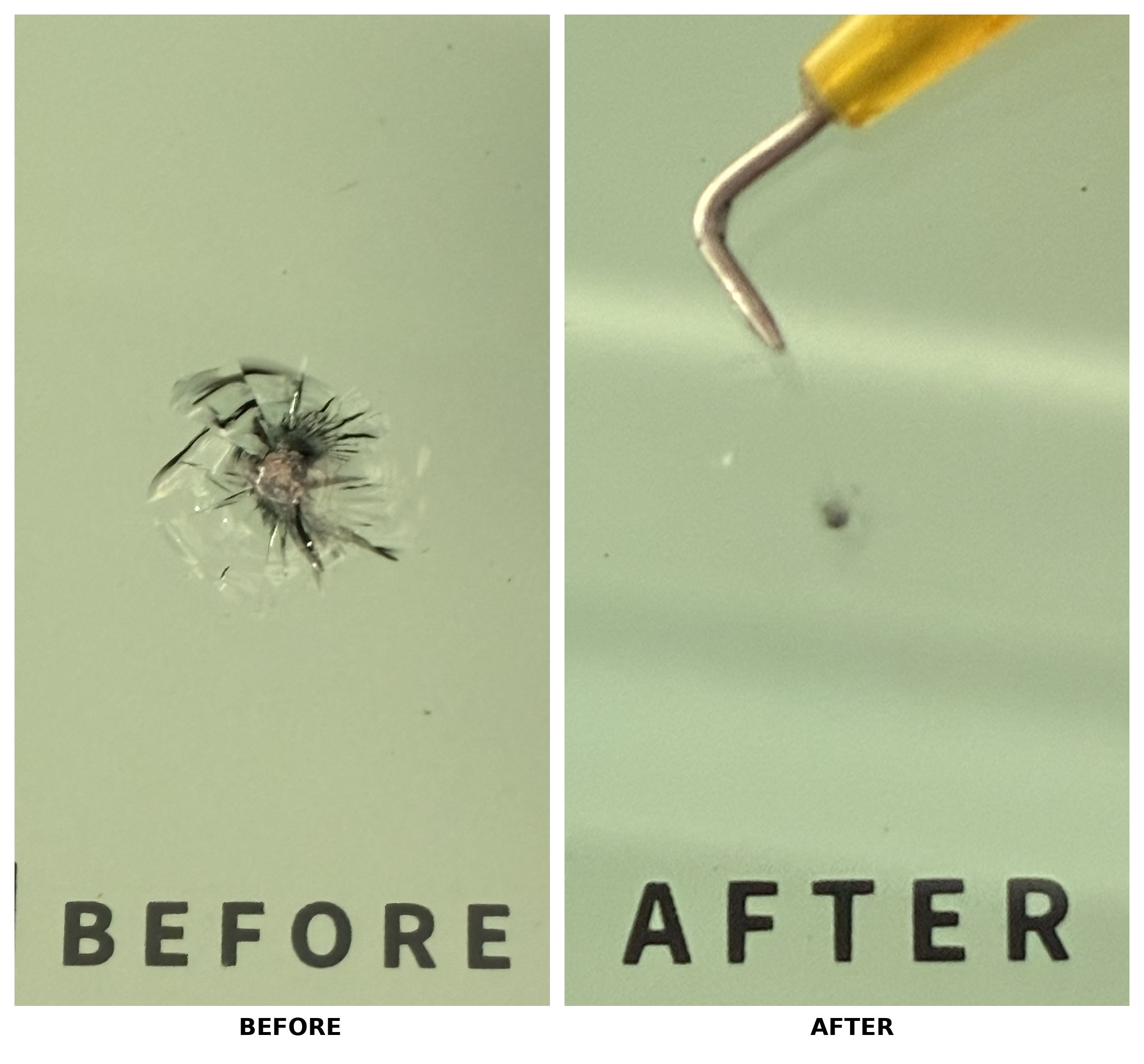 Before and after windshield chip repair — spider-web star fracture before, clean glass after