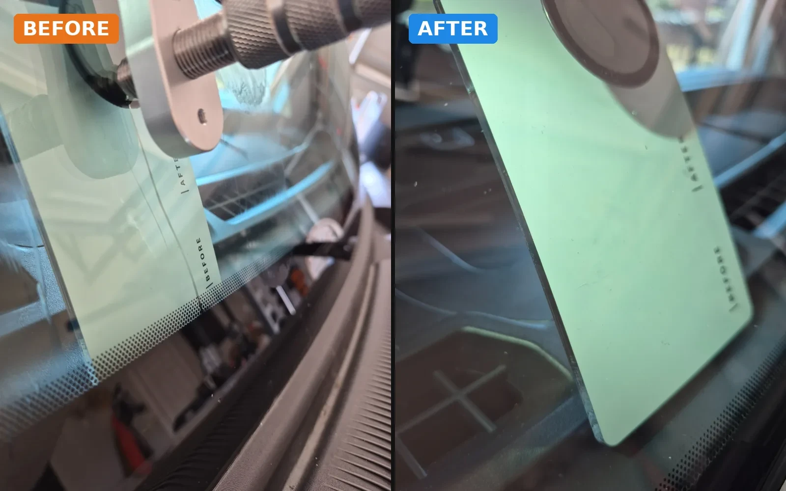Before and after windshield crack repair by ClearPath Mobile Auto in North Texas