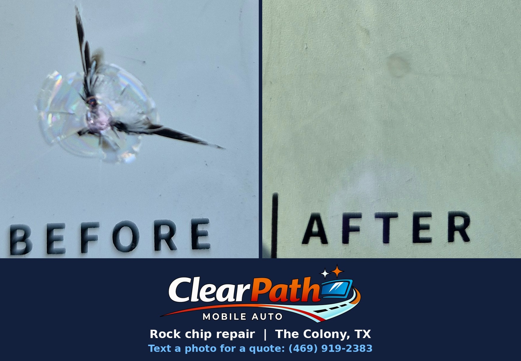 Rock chip before and after repair in The Colony, TX